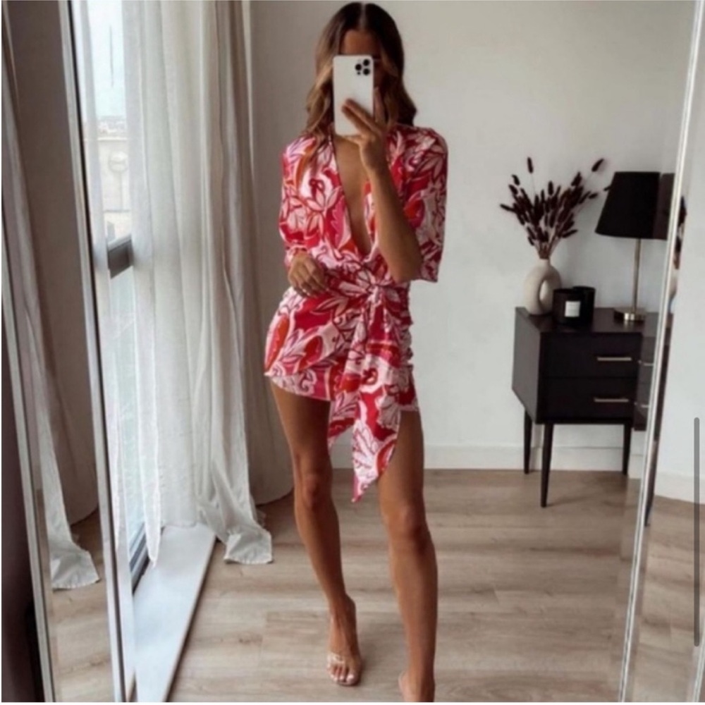 Zara pink orange short sleeve wrap skirt mini dress XS